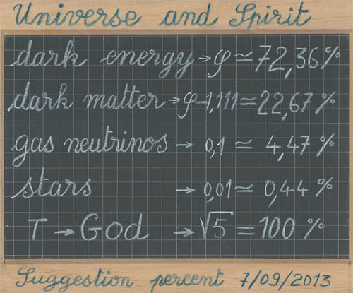 universe and spirit, percent , proportion, dark energy = phi, dark matter = phi-1.111, gas neutrinos = 0.1, stars = 0.01, God = sqrt(5)